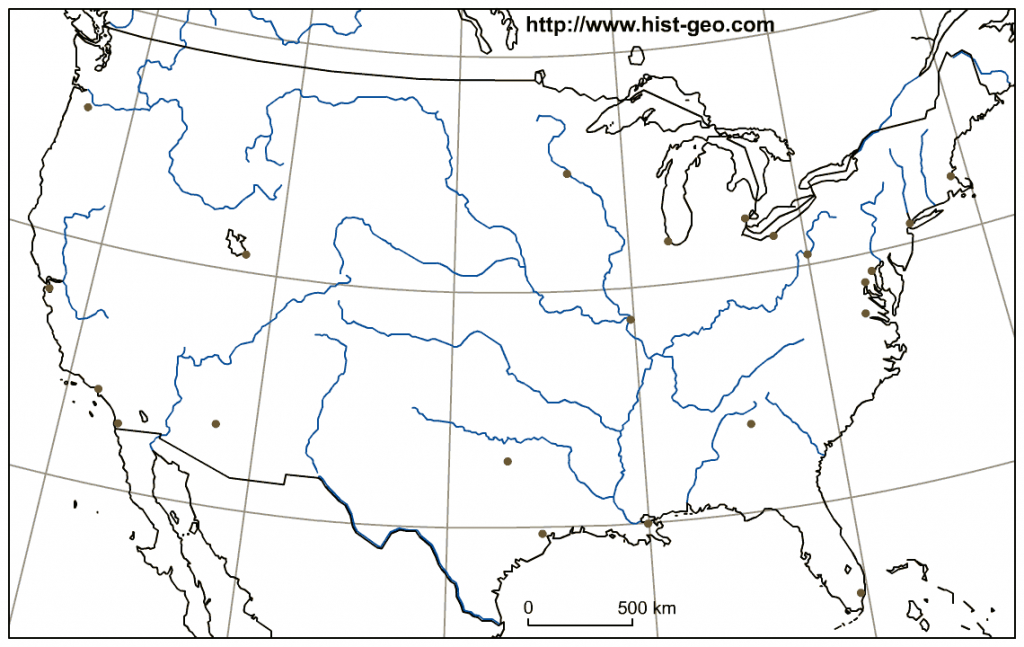 Outline Map Of The Usa (Rivers, Main Cities, Parallels, Meridians) | Us Major Rivers Map Printable
