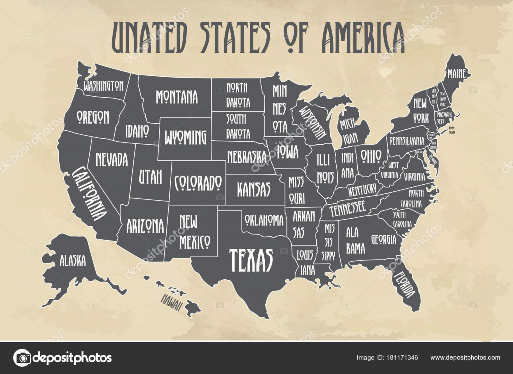 Poster Map Of United States Of America With State Names. Black And | Printable Us Map Poster