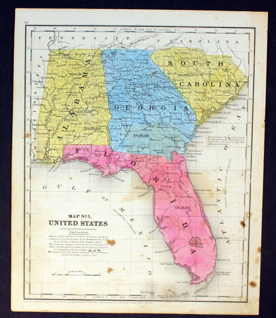 1848 Map Florida Georgia Alabama South Carolina Hand Colored Steel | Map of Florida and Georgia USA