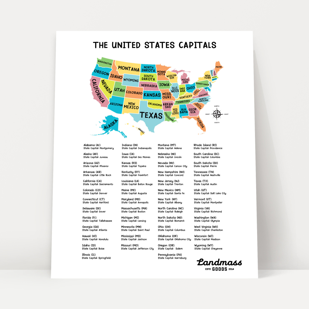 18X24” United States Map With Capitals For Kids - Educational | Map Of State Capitals Usa