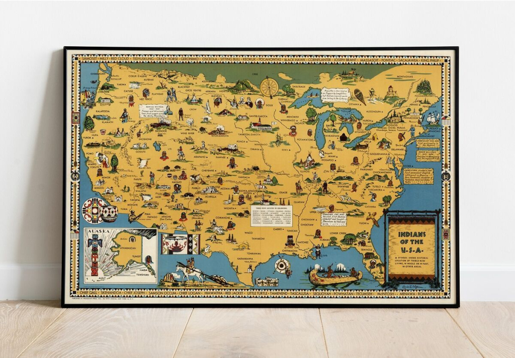 1944 Indianer Der Usa Indianerstämme Bildliche Karte Wandplakat Druck | Map of USA with Native American Tribes