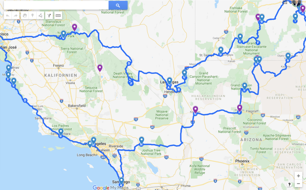 20 Tage Roadtrip Usa - Unsere Route Durch Den Südwesten - Travel Blog | Road Map of USA Google