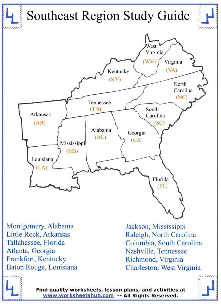 4Th Grade Social Studies - Southeast Region States | South Region Region of USA Map Free Printable For Kids