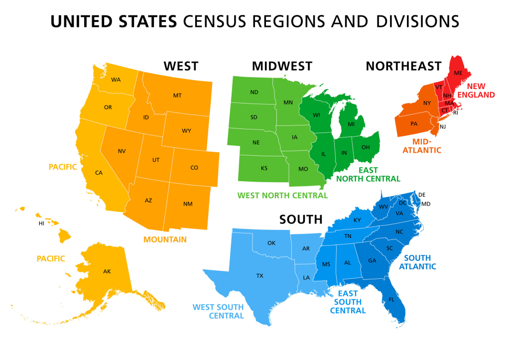 5 Us Regions Map And Facts | Mappr | Map Of Usa With North South East West