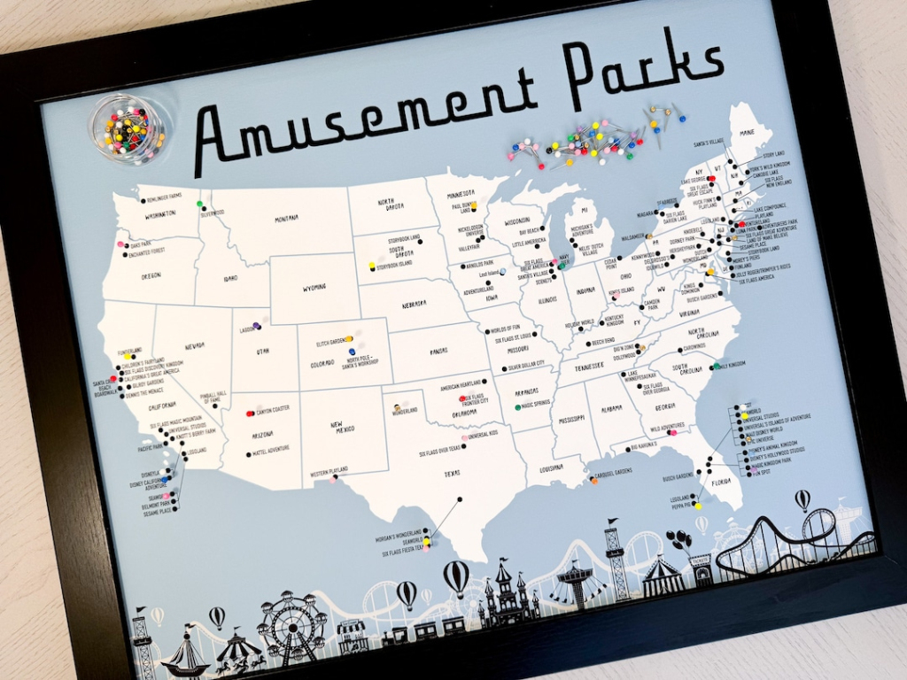 Amusement Park Push Pin Map: Usa Theme Park Travel Tracker - Etsy | Map Of Amusement Parks In Usa