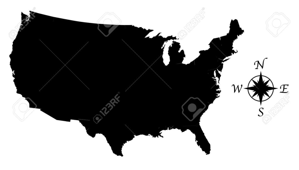 An Outline Map Of Theunited States Of America In Black Silhouette | Map of USA with Compass