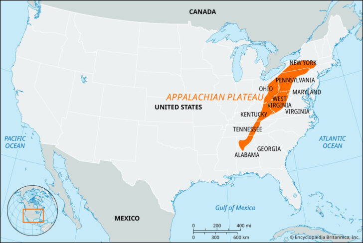 Map of USA with Appalachian Mountains