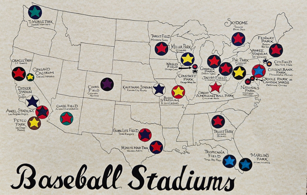 Baseball Stadiums Map U.s. - Etsy | Map of Mlb Stadiums in USA