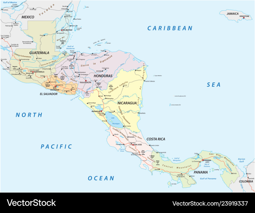 Central America Road Map Lizenzfreies Vektorbild | Road Map of Central USA