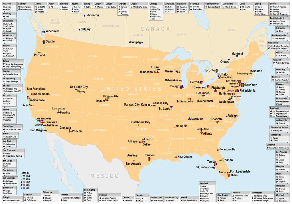 Datei:map Of Cities In The Usa And Canada With Mlb, Mls, Nba, Nfl | Major Cities Of Usa Map