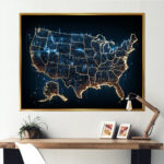 Designart "Illuminated Landmarks Usa Map" Usa Map Floater Framed | Map Of USA Wall Art