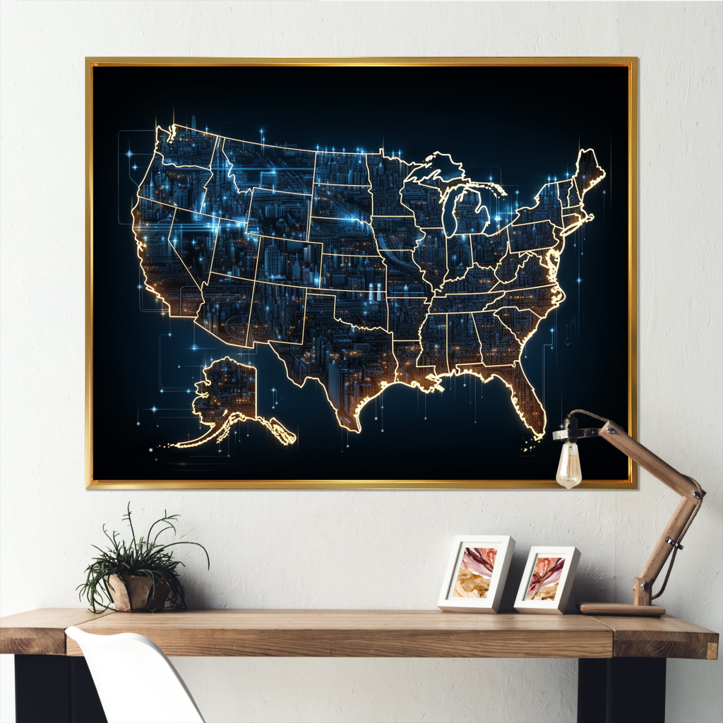 Designart &amp;quot;Illuminated Landmarks Usa Map&amp;quot; Usa Map Floater Framed | Map of USA Wall Art