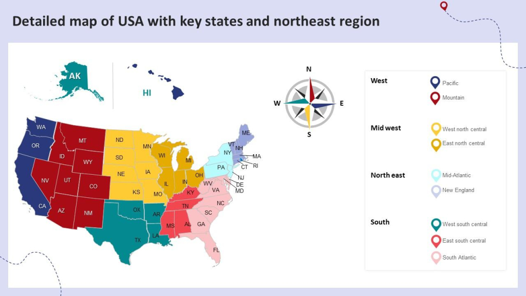 Detailed Map Of Usa With Key States And Northeast Region Ppt Sample | Map of USA with Key