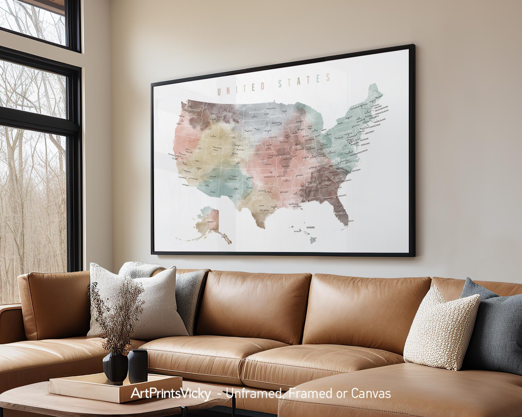 Detailed Usa Map Print: Labeled United States Wall Art - Etsy.de | Wall Art Map Of Usa