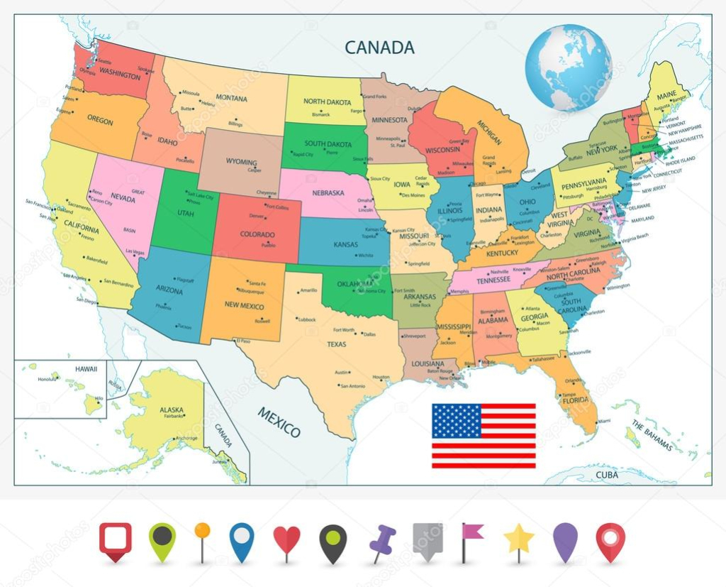 Detaillierte Politische Landkarte Der Usa Und Flache Kartenzeiger | Flat Map Of The Usa