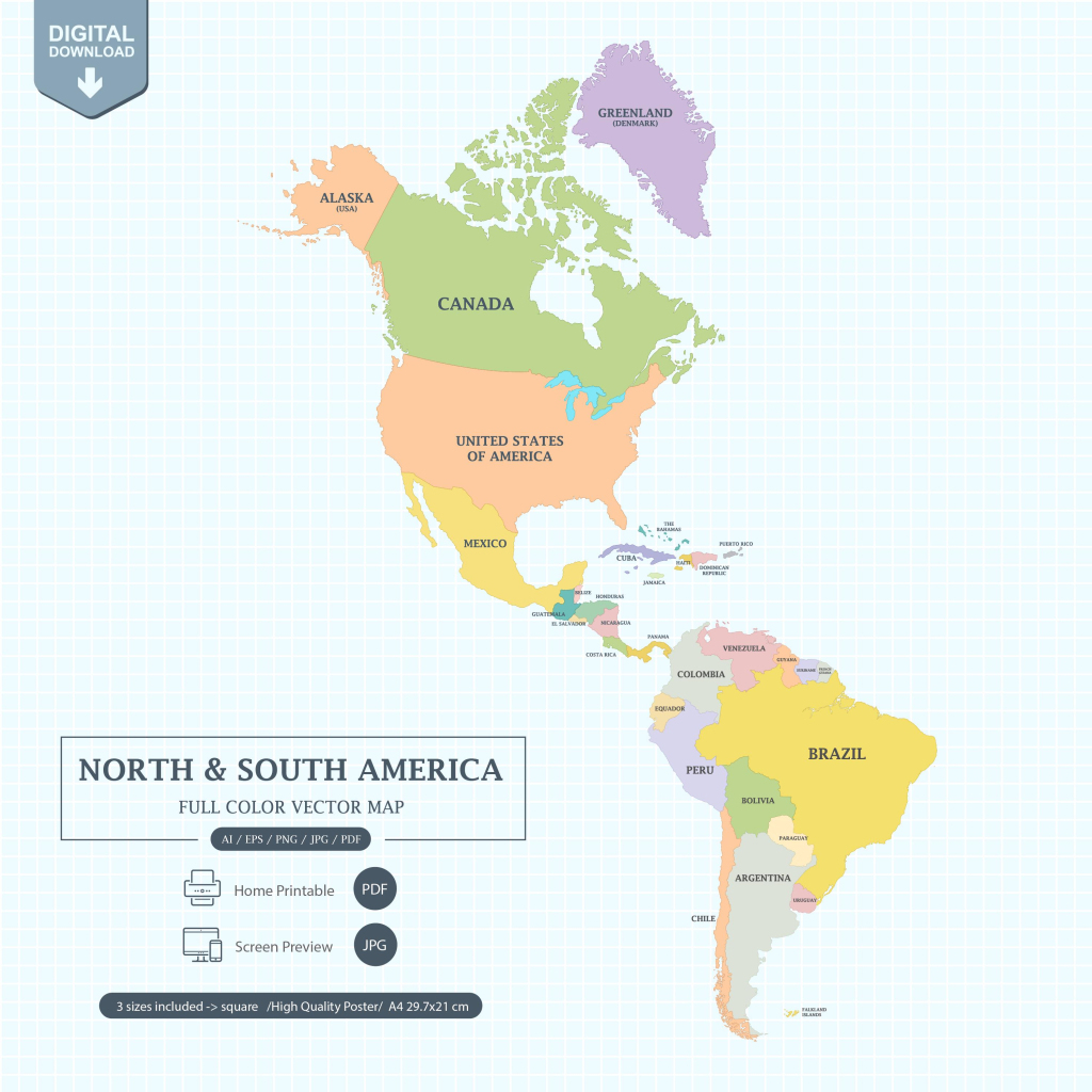 Digital North &amp;amp; South America Map Full Color With States Printable | Map Of South America And Usa