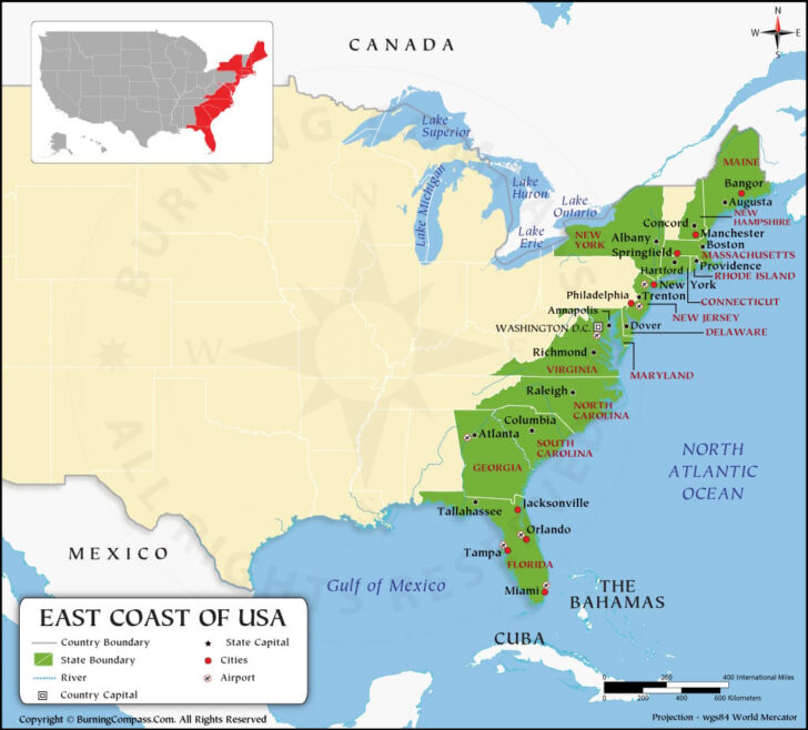 Map of USA Cities East Coast