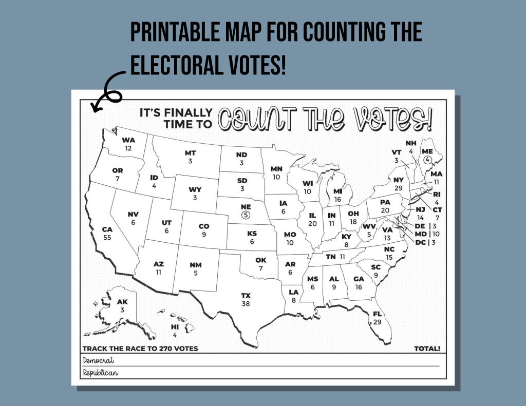 Electoral Map For Election Results Printable Coloring Page - Etsy | Blank Map of USA Names Electoral Votes Printable 2024