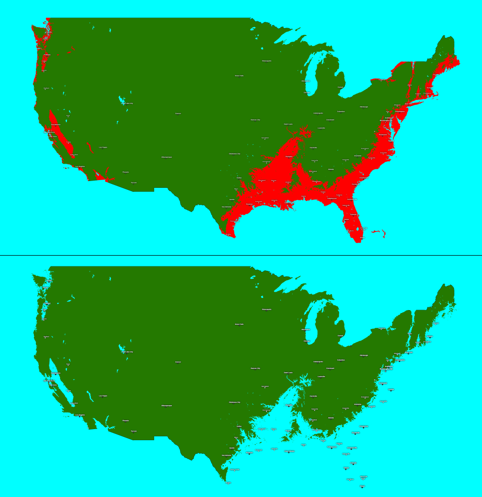 Flooded Usa Map ( Water Level Rise If 125 Meters Or About 401 Feet | Map of USA with Sea Level Rise