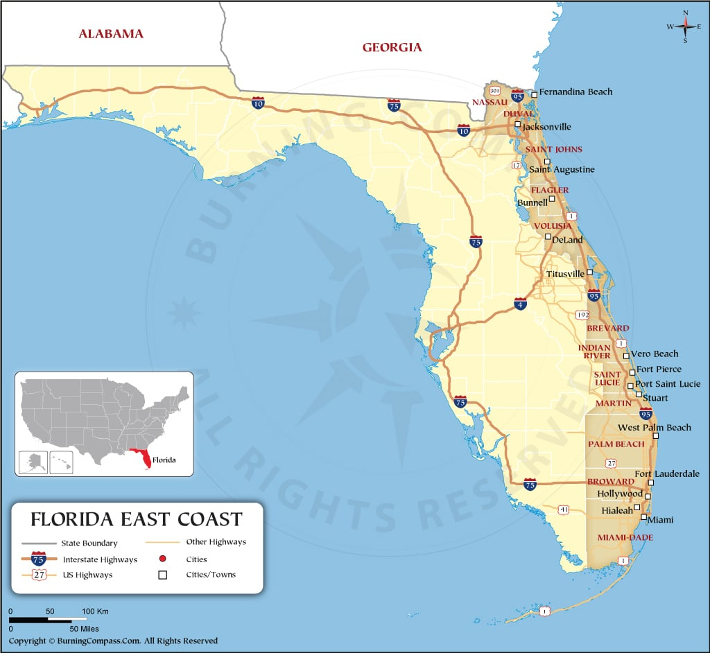 Florida East Coast Map, Map Of Florida East Coast | Map Of East Coast Of Florida Usa