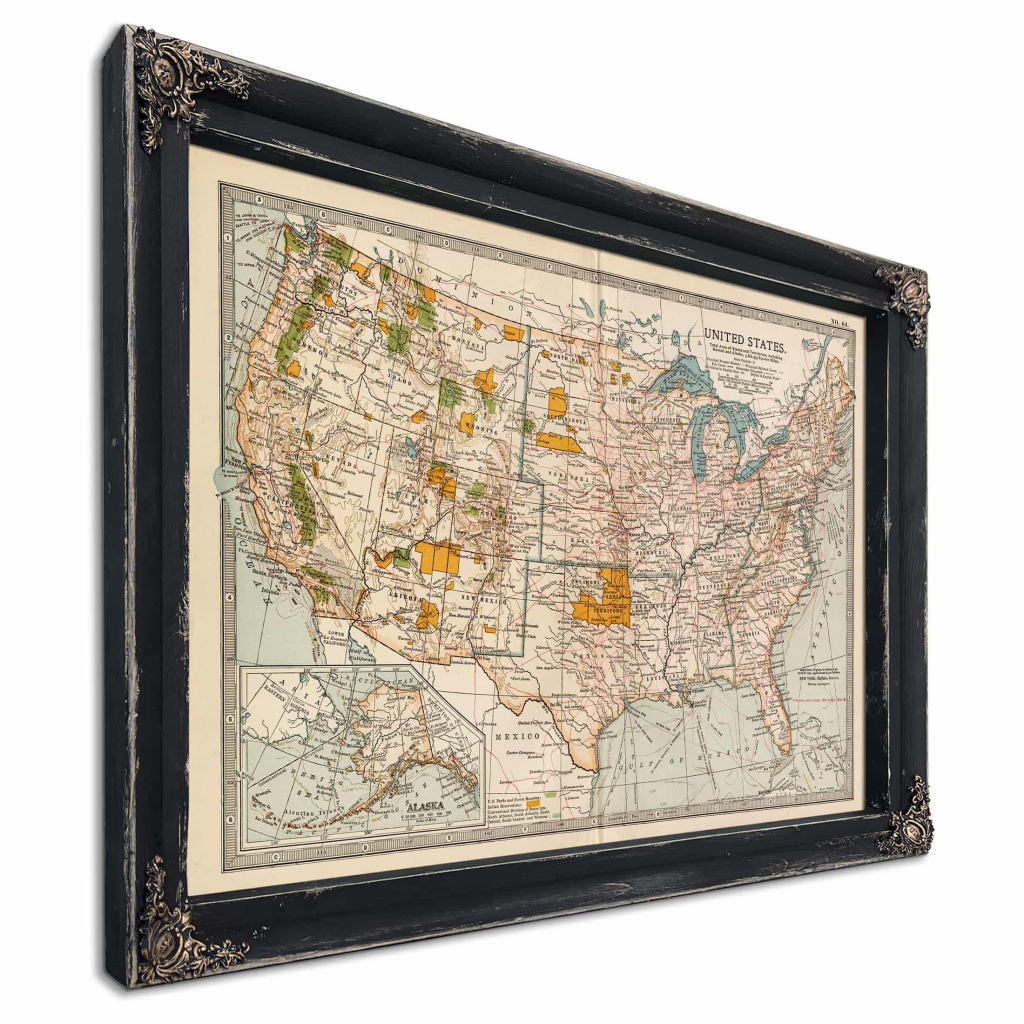 Framed United States Vintage Map - Ornate Embellishment Frame With | Map Of Usa Picture Frame