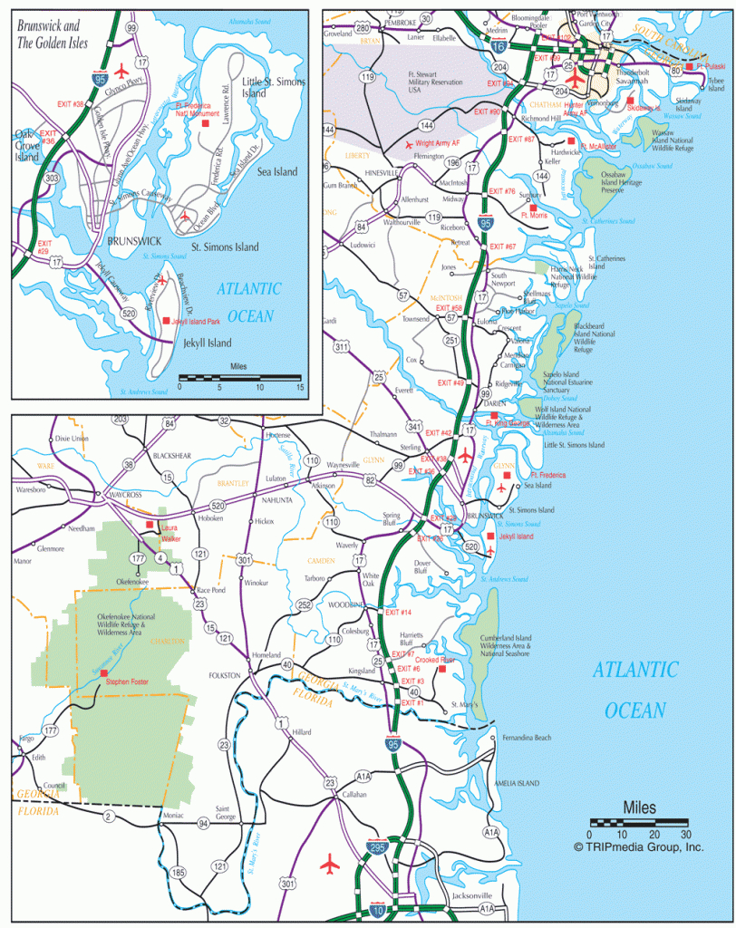 Georgia Coast Road Map | Map of Georgia USA Coastline