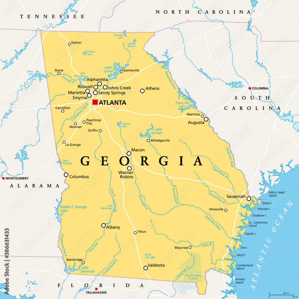 Georgia, Ga, Political Map, With Capital Atlanta And Largest | Map Of Southeast Georgia Usa