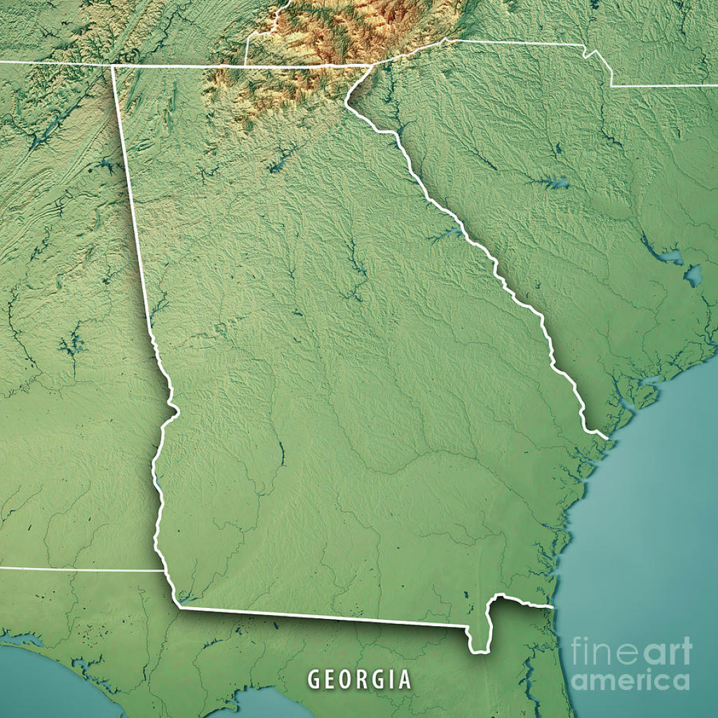 Georgia State Usa 3D Render Topographic Map Border Digital Art | Topographic Map Of Georgia Usa