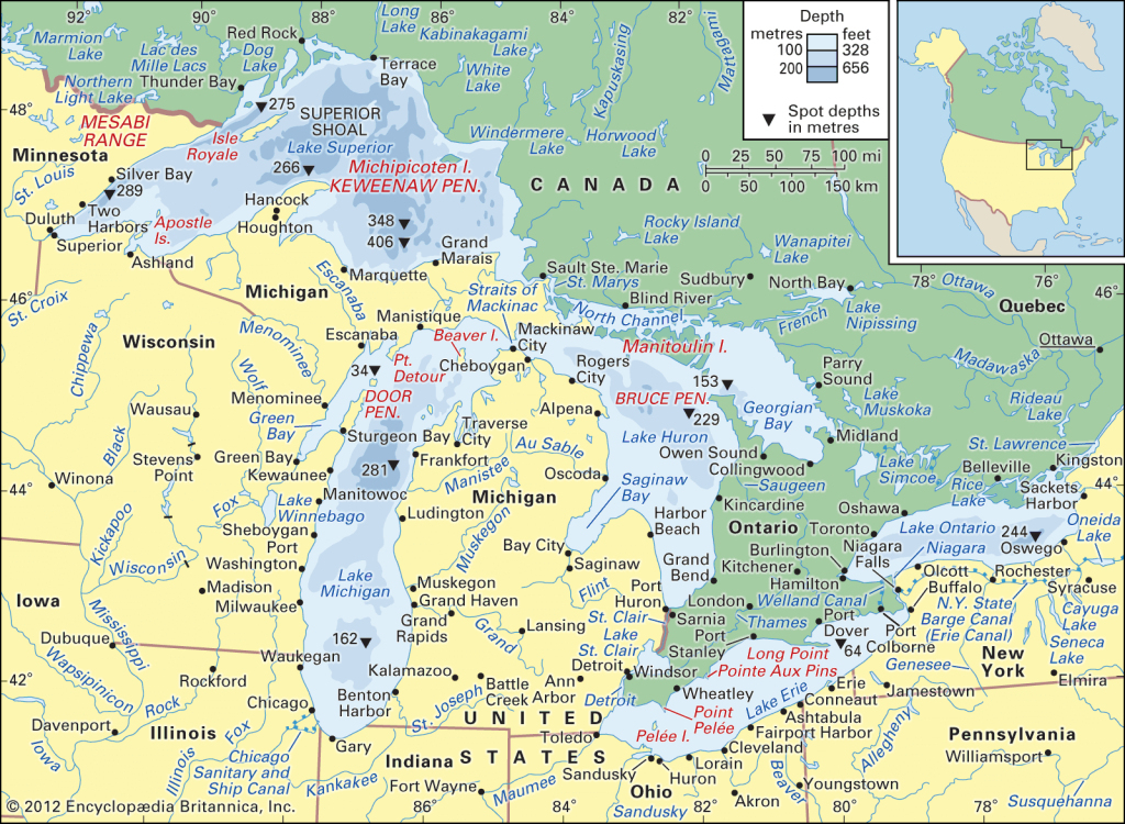 Great Lakes | Names, Map, &amp;amp; Facts | Britannica | Map of USA and Great Lakes