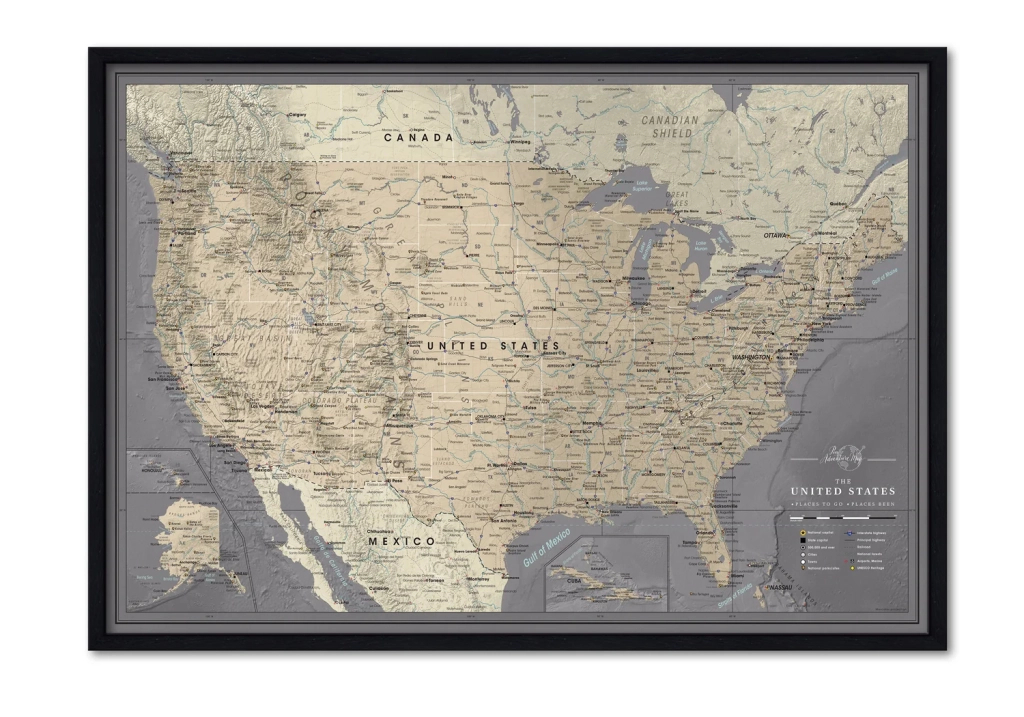 Grey Minimal Push Pin Travel Map Usa - Framed / 24-X-16-Inches / / / | Map of USA Picture Frame
