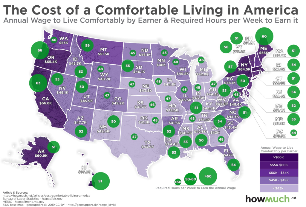 How Much Money Do You Need To Live Comfortably In Every State | Cost Of Living Usa Map