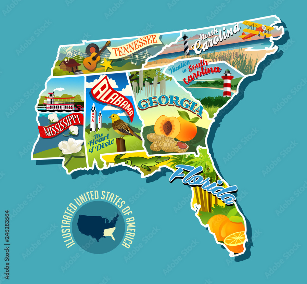 Illustrated Pictorial Map Of Southern United States. Includes | Map of Florida and Georgia USA