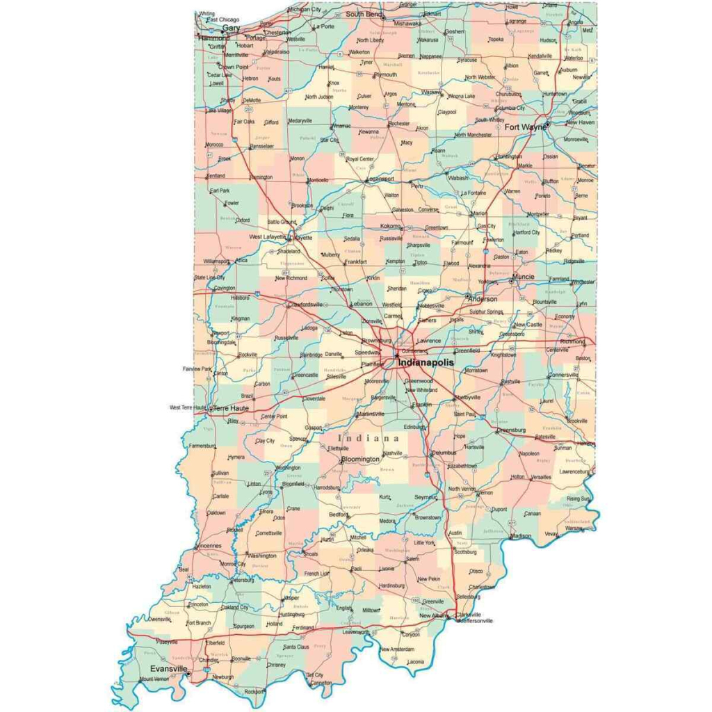 Indiana State Road Map In County Indianapolis Wall Print Photo | Road Map Of Indiana Usa