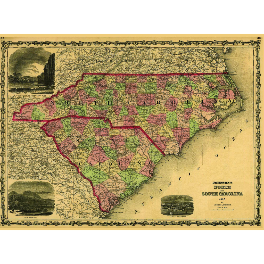Johnson&amp;#039;S North &amp;amp; South Carolina Wall Map, 1861 - The Map Shop | Map of North and South Carolina USA