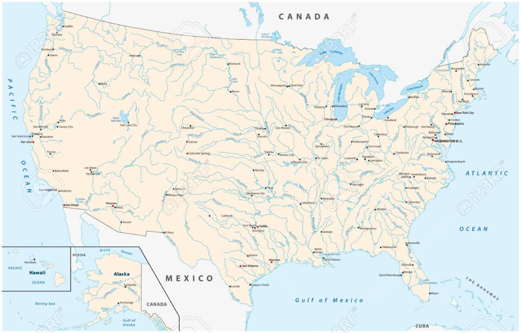 Karte Der Vereinigten Staaten Mit Großen Städten, Flüssen Und Seen | Map of Lakes and Rivers in USA