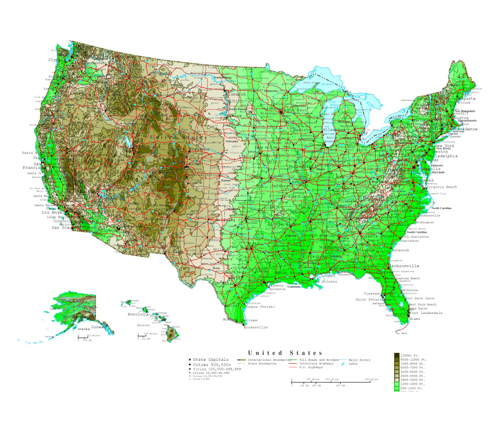 Large Detailed Elevation Map Of The United States With Roads And | Elevation Map of the USA
