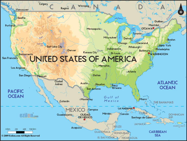 Physical Map of the USA with Labels