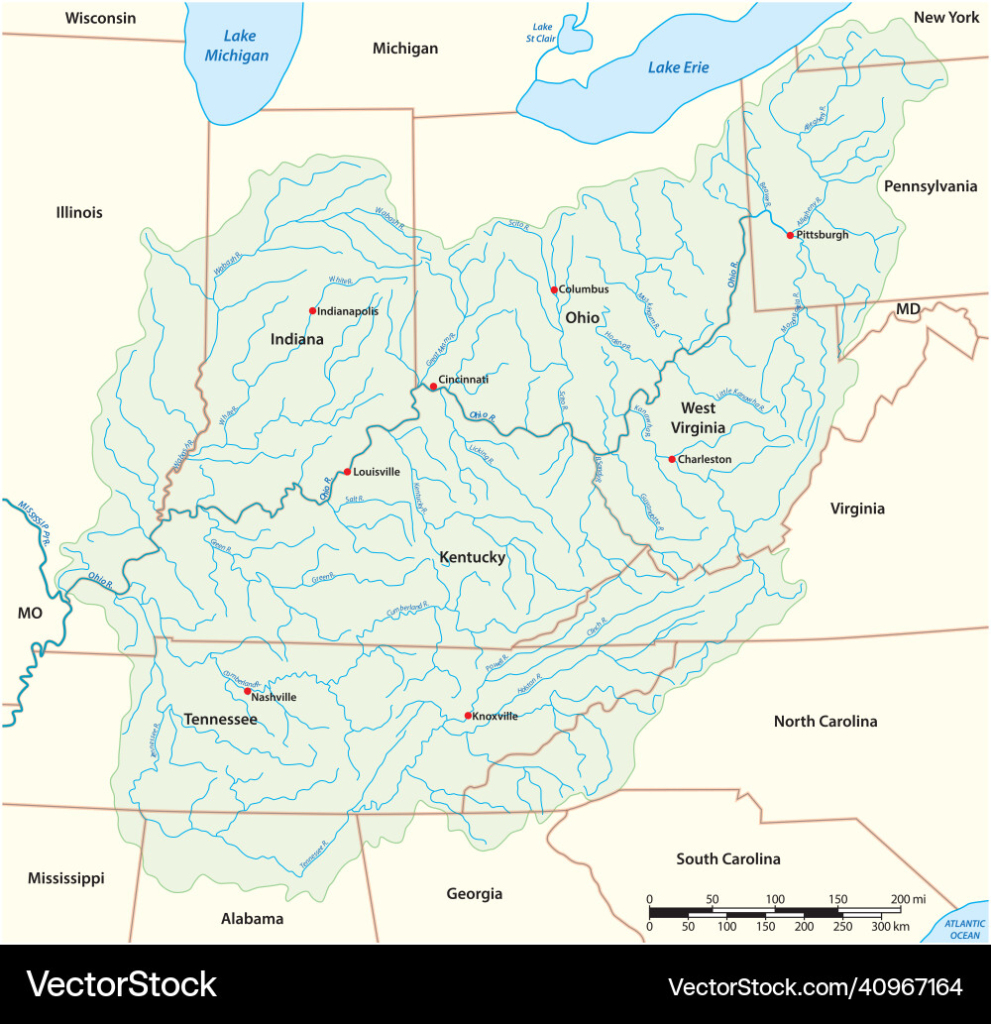 Map Drainage Basin Of The Ohio River Usa Vector Image | Ohio River on Map of USA