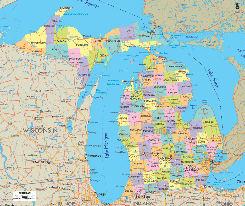 Map Of Michigan - Michigan Map With Cities, Counties And Roads | Road Map of Michigan USA