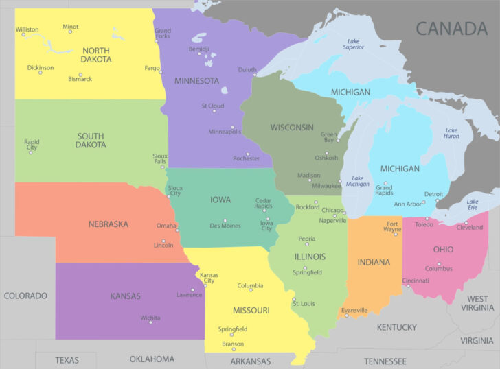 Map of Midwest USA States