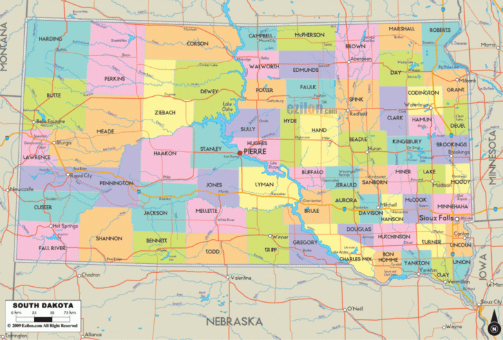 Road Map of South Dakota USA