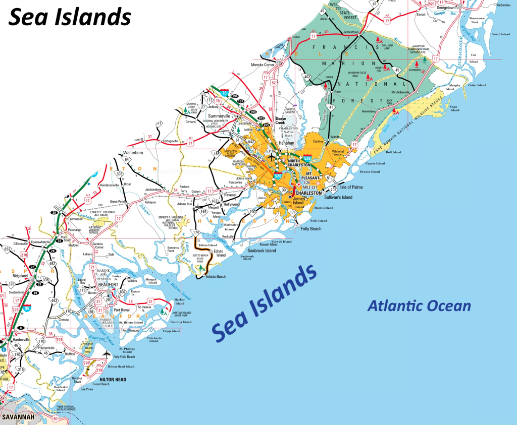 Map Of The Sea Islands | South Carolina, Georgia, U.s. | Detailed | Map Of Islands Off East Coast Usa
