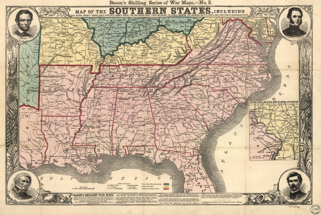 Map Of The Southern States, Including Rail Roads, County Towns | Map Of The Southern Usa