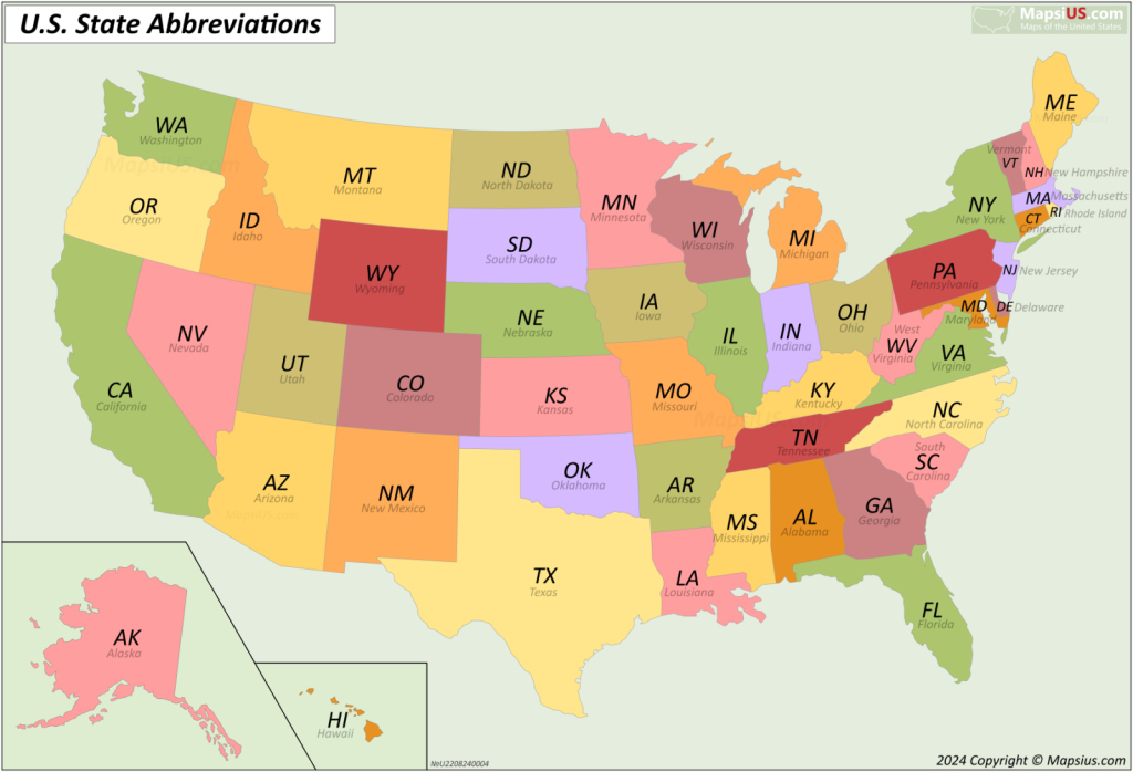 Map Of Us States - List Of States Of The United States - Mapsius | Map Of Usa States Abbreviated
