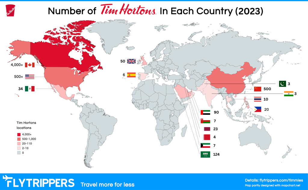 Map With The Number Of Tim Hortonscountry - Flytrippers | Map Of Tim Hortons In Usa