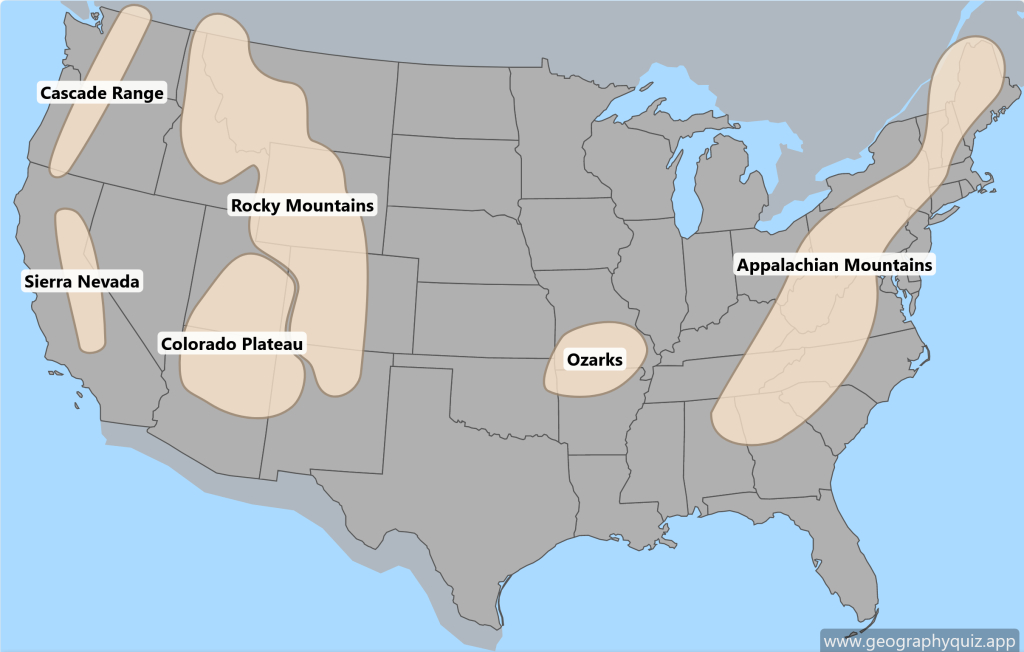 Maps Of Usa - Mountain Ranges | 🌎 Geographyquiz.app | Map of Mountains in the USA