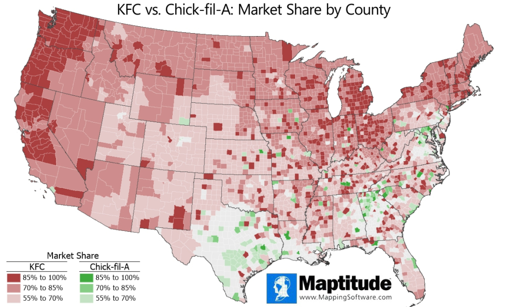 Maptitude Map: Brand Market Share: Kfc Vs Chick-Fil-A | Map of Chick Fil a in the USA