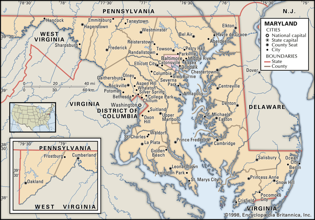 Maryland | History, Flag, Map, Capital, Population, &amp;amp; Facts | Map of Maryland USA Cities