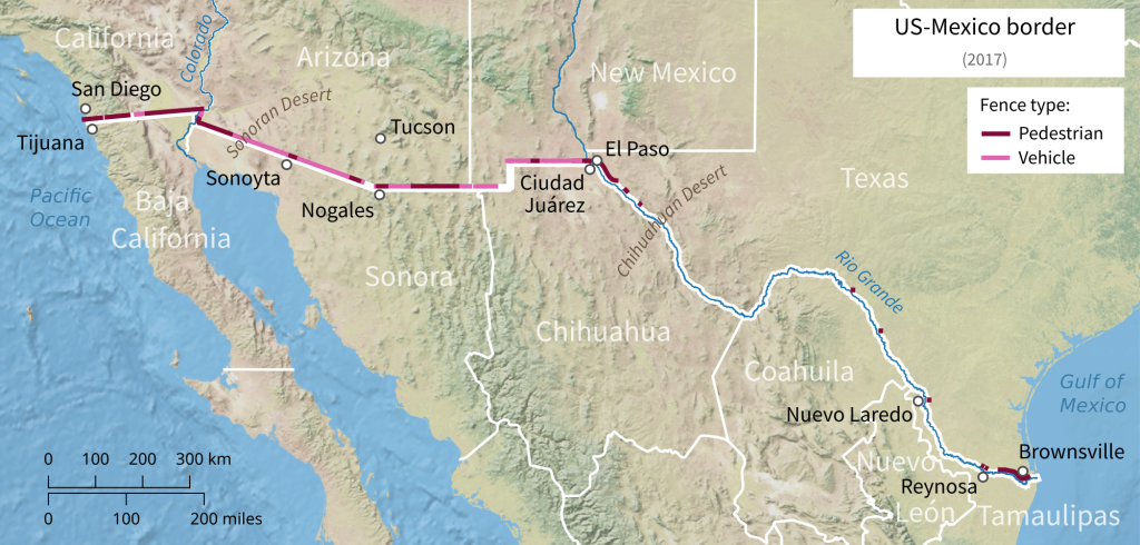 Mexico–United States Border Wall - Wikipedia | Map of USA Southern Border