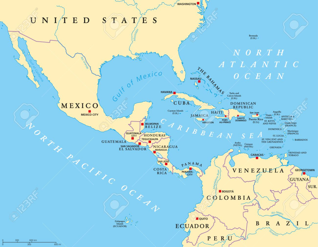 Mittelamerika Politische Karte Mit Großbuchstaben Und Grenzen | Map Of Usa Mexico And Central America